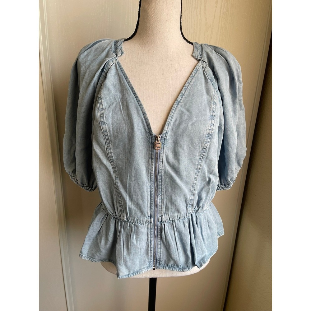 DKNY Front Zip Peplum Chambray Top Womens S Blue Puff Sleeve Lyocell Blouse - Picture 2 of 16
